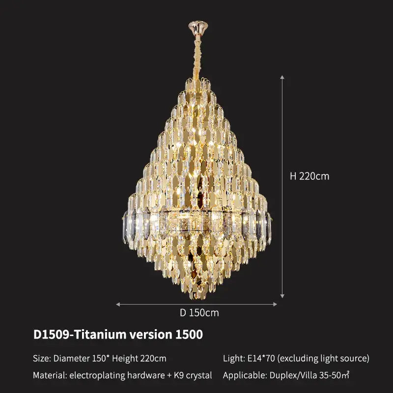 Luxury gold tiered crystal pendant chandelier with clear k9 crystals and titanium hardware for elegant decorbites crystal decor