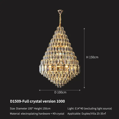 Luxury gold tiered crystal pendant chandelier with brass suspension and clear prisms for elegant dining room decorbites crystal pendant