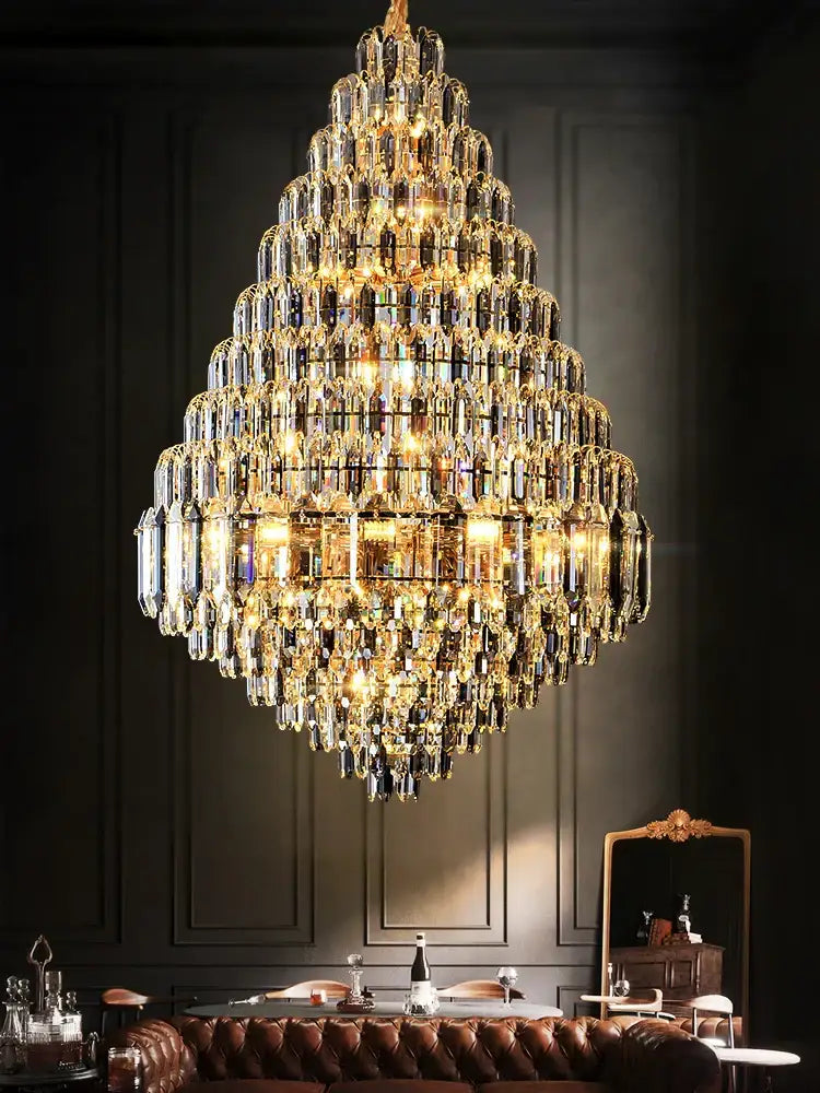 Luxury gold tiered decorbites crystal pendant chandelier with clear and amber glass prisms for dining room decor