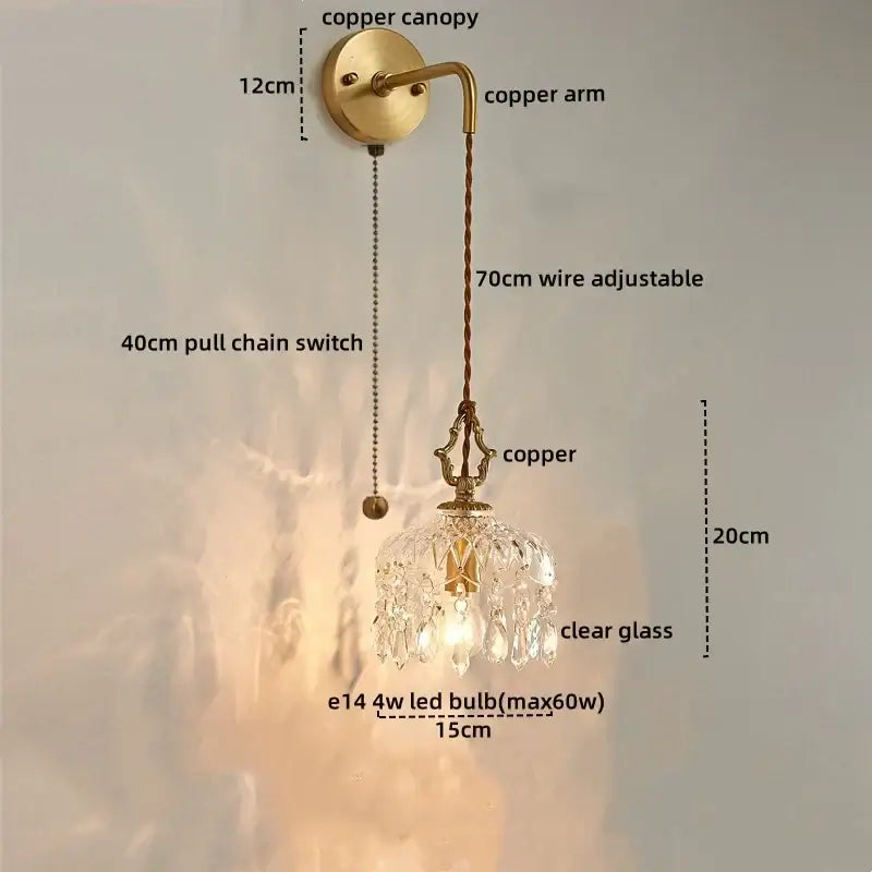 Antique brass copper wall sconce with dangling decorbites crystal glass shade and adjustable 70cm twisted cord