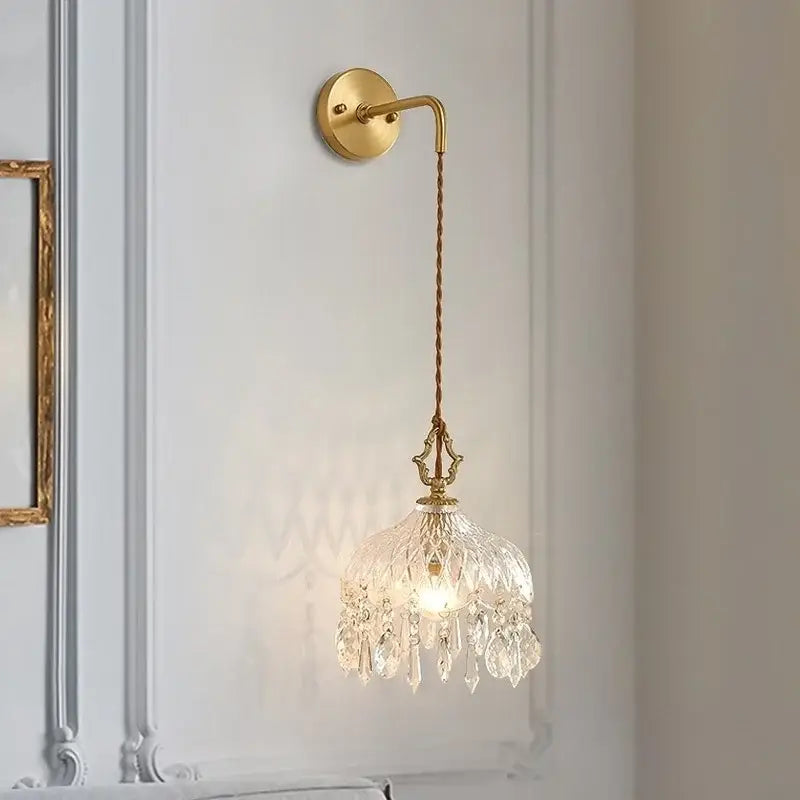 Luxury gold twisted cord wall sconce with decorbites crystal glass led pendant and hanging teardrop crystals