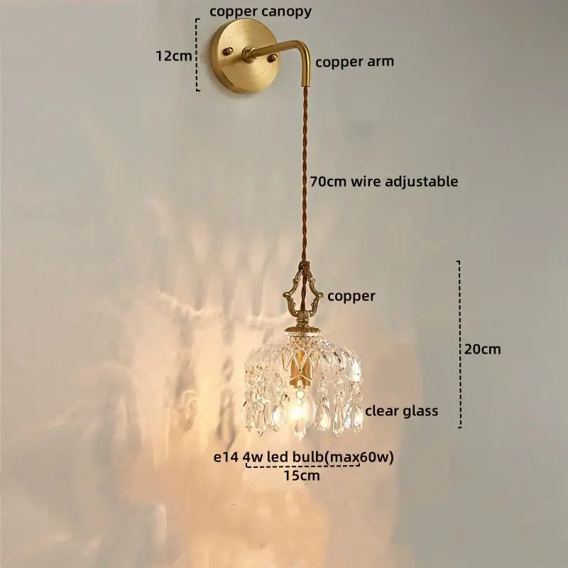 Luxury gold twisted cord wall sconce with antique brass-finished copper and decorbites crystal glass led pendant