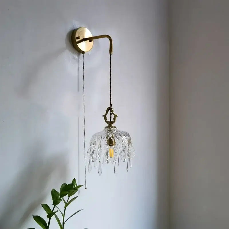 Antique brass wall sconce with luxury gold twisted cord and decorbites crystal glass led chandelier pendant droplets