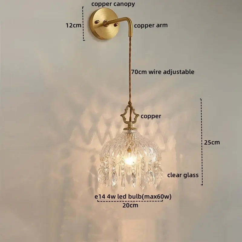 Antique brass copper wall sconce with decorbites crystal glass led chandelier pendant and adjustable 70cm wire