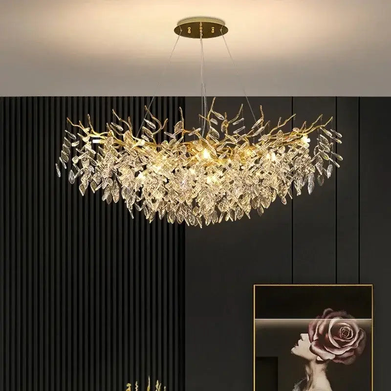 Luxury decorbites golden branch ceiling chandelier with gold-toned metal and leaf-shaped crystal accents for living room decor