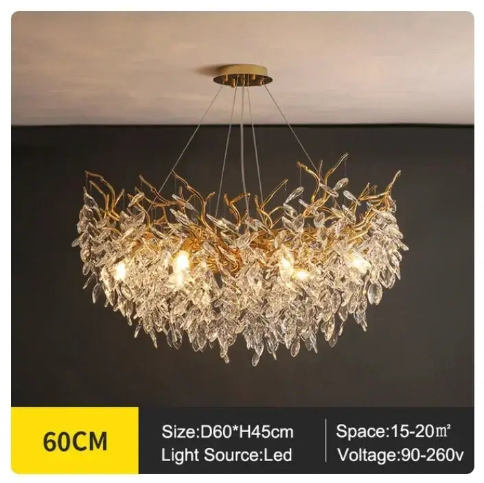 Luxury golden branch ceiling chandelier with gold-toned cascading crystal leaves illuminated by led lights decorbites golden branch