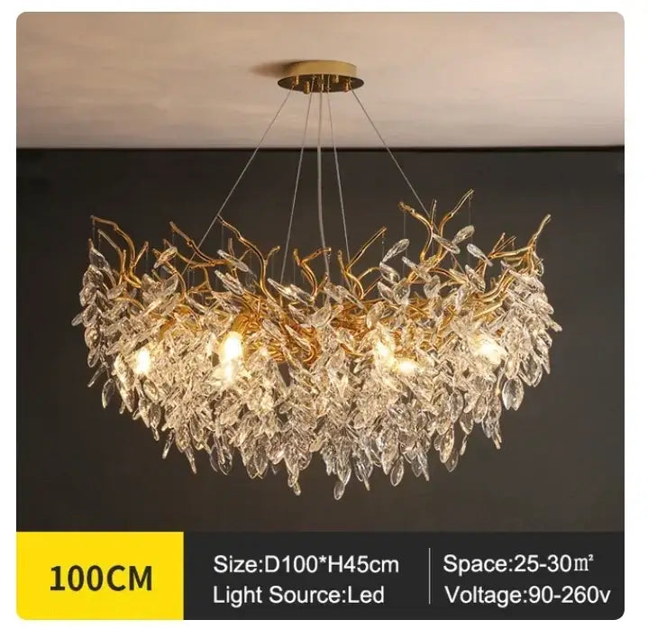 Luxury golden branch ceiling chandelier featuring gold-toned leaf-shaped crystal droplets for living room decorbites golden branch