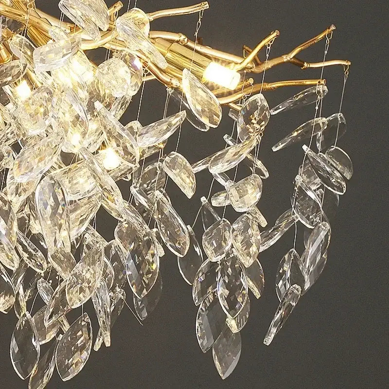 Luxury decorbites golden branch ceiling chandelier with cascading clear crystal leaves for living room lighting decor