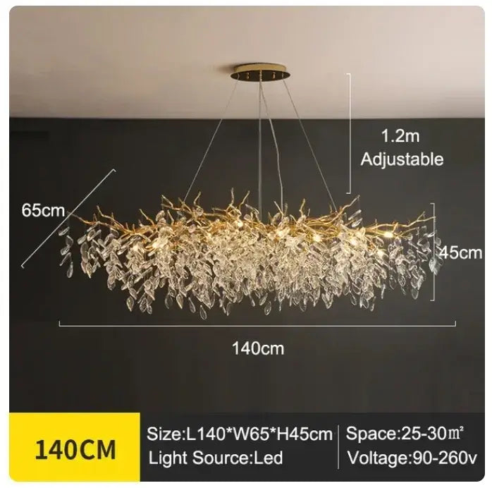 Luxury golden branch ceiling chandelier with crystal leaf-like droplets and gold-toned decorbites golden branch design for living room