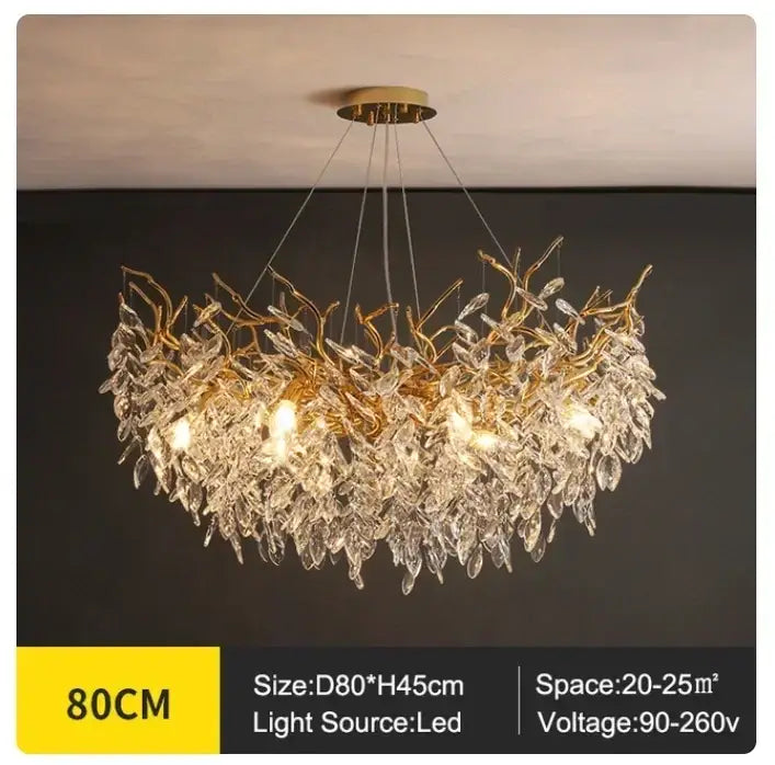 Luxury decorbites golden branch ceiling chandelier with golden leaf design crystal droplets and led lighting for living room decor