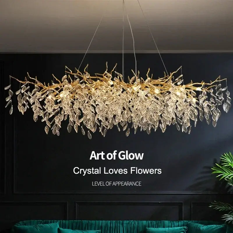 Luxury golden branch ceiling chandelier with cascading clear crystal leaves emitting warm glow for living room decorbites golden branch