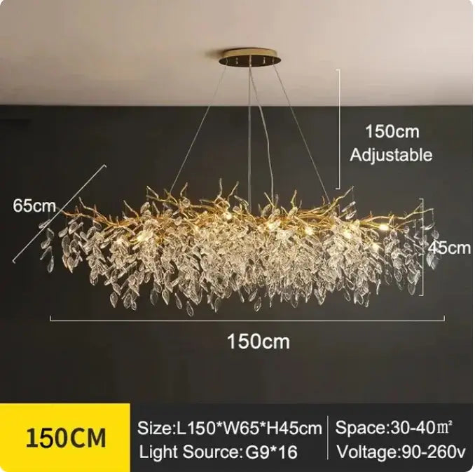 Luxury golden branch ceiling chandelier with cascading crystal leaves and led lights for modern living room decorbites golden branch