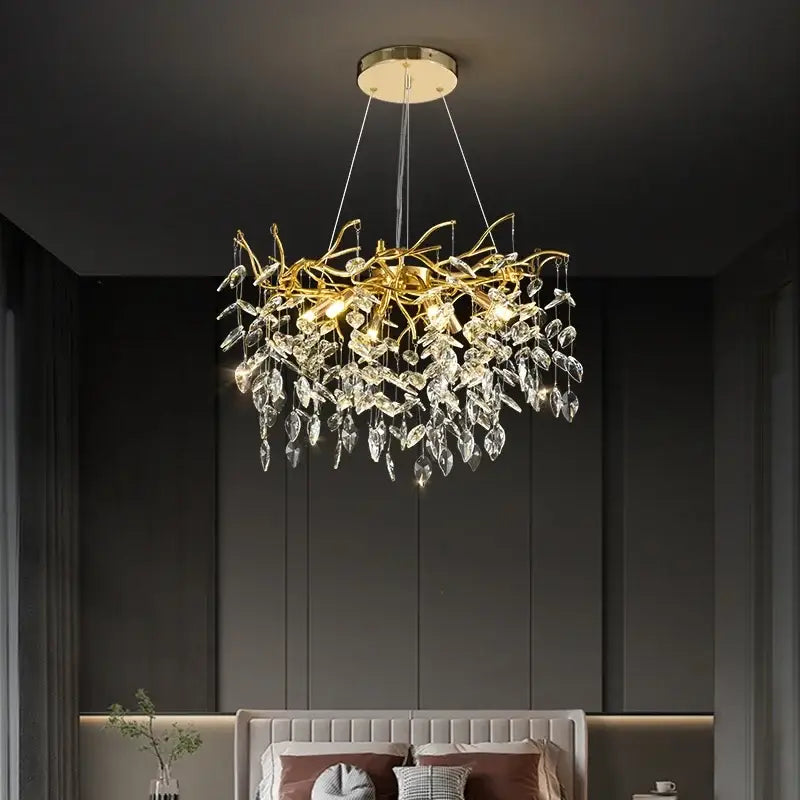 Luxury golden branch ceiling crystal chandelier with intricate gold-toned branches and dangling crystal leaves for dining room decorbites golden branch