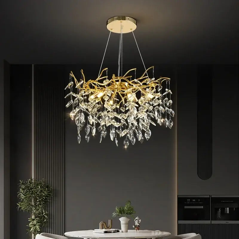 Luxury golden branch ceiling crystal chandelier with gold-toned branching arms and dangling crystal teardrop pendants for dining room decorbites golden branch