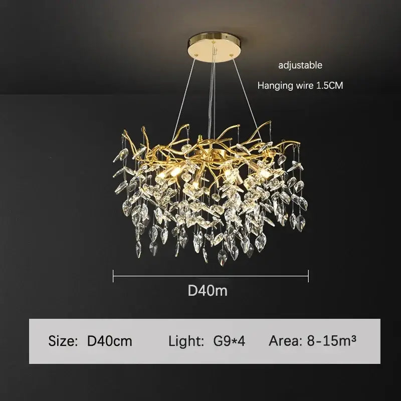 Luxury golden branch ceiling crystal chandelier with gold-toned metalwork and dangling leaf-shaped crystal pendants decorbites golden branch