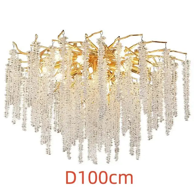 Luxury golden branch crystal tassel led chandelier with cascading clear crystal beads for dining room decorbites crystal tassel