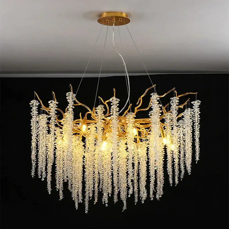 Luxury golden branch crystal tassel led chandelier with antler design and cascading clear crystal strands for decorbites crystal tassel decor