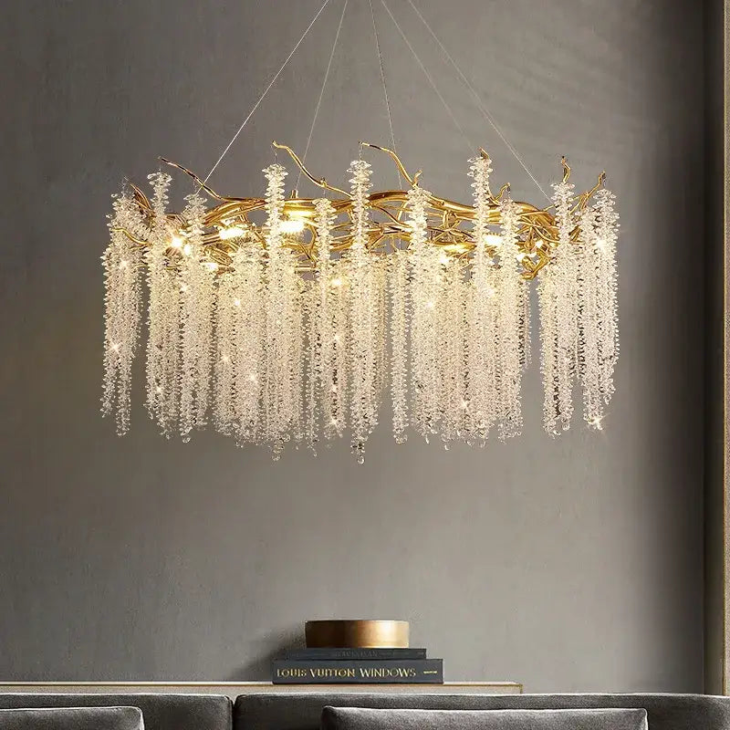 Luxury golden branch crystal tassel led chandelier with cascading clear crystals for dining room decorbites crystal tassel