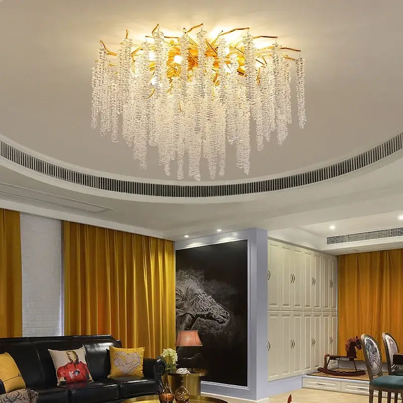 Luxury golden branch crystal tassel led chandelier with cascading clear crystal droplets for elegant dining room decorbites crystal tassel