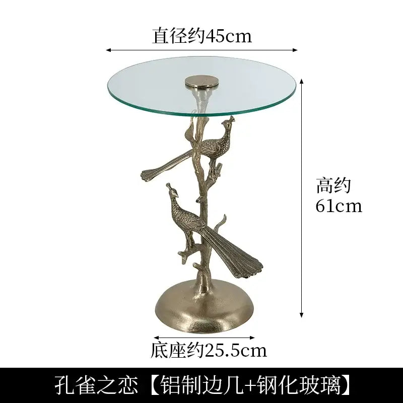 Luxury golden brass bird tree side table with clear tempered glass top and ornate decorbites brass bird base for living room decor