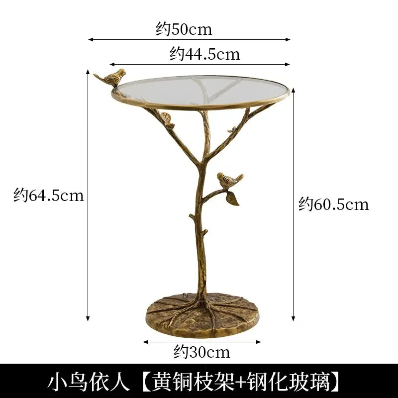 Luxury golden brass bird tree side table with bronze-finished tree stand and glass top by decorbites brass bird decor