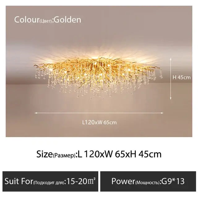 Luxury golden crystal ceiling chandelier with intricate branch-like metalwork and teardrop decorbites crystal droplets