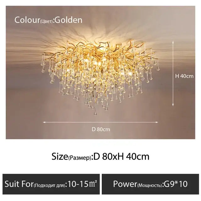 Luxury golden crystal ceiling chandelier with intricate branch-like metalwork and teardrop decorbites crystal accents