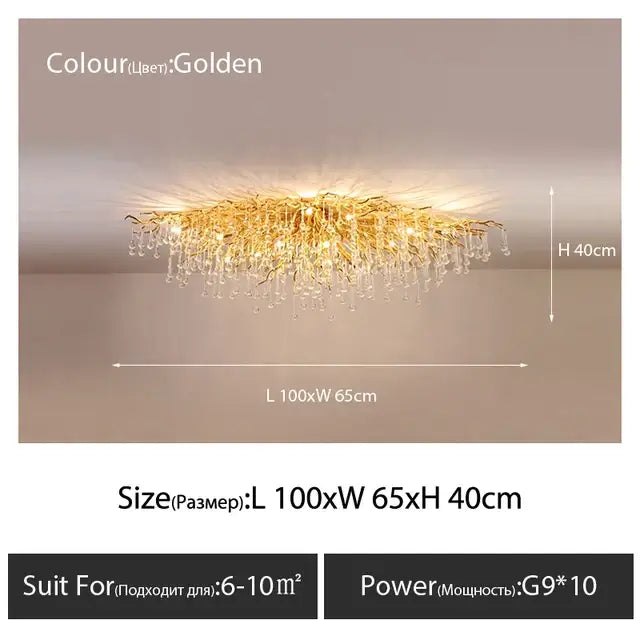 Luxury golden crystal ceiling chandelier with intricate branch design and dangling teardrop crystals for living room decorbites crystal ceiling