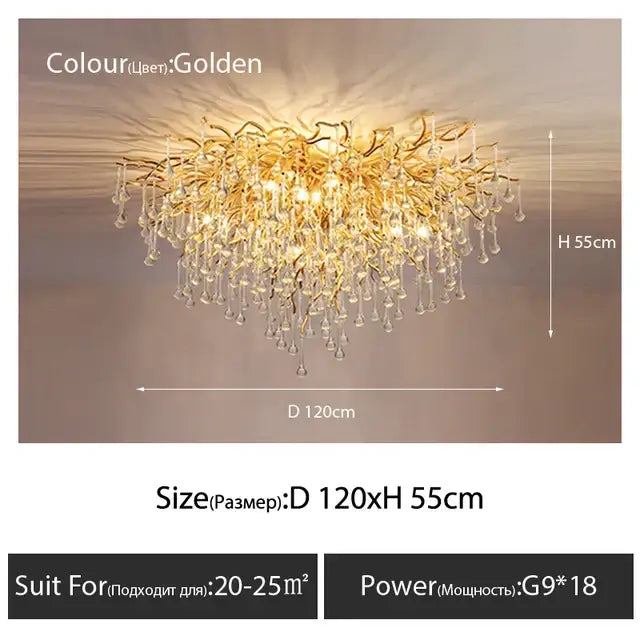 Luxury golden decorbites crystal ceiling chandelier with intricate branching arms and teardrop crystal droplets for living room decor