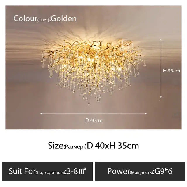 Luxury golden crystal ceiling chandelier with intricate branching arms and dangling teardrop decor by decorbites crystal ceiling