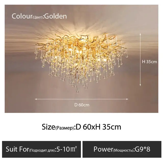 Luxury golden crystal ceiling chandelier with intricate branching arms and teardrop decorbites crystal droplets for living room decor