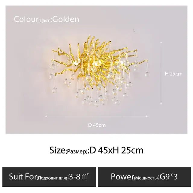 Luxury golden branch-style wall sconce with dangling crystal droplets for decorbites crystal ceiling chandelier decor