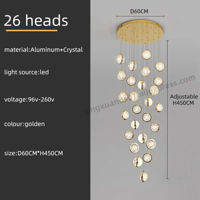 Luxury golden decorbites crystal ball led rotating stair chandelier with 26 crystal-encrusted led light heads suspended