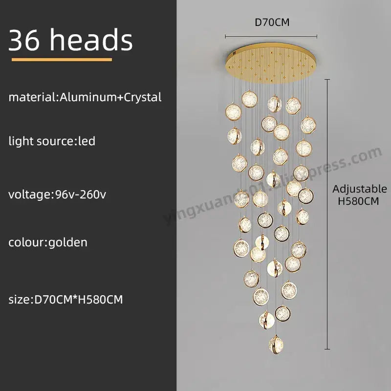 Luxury golden decorbites crystal ball led rotating stair chandelier with 36 crystal heads on aluminum base