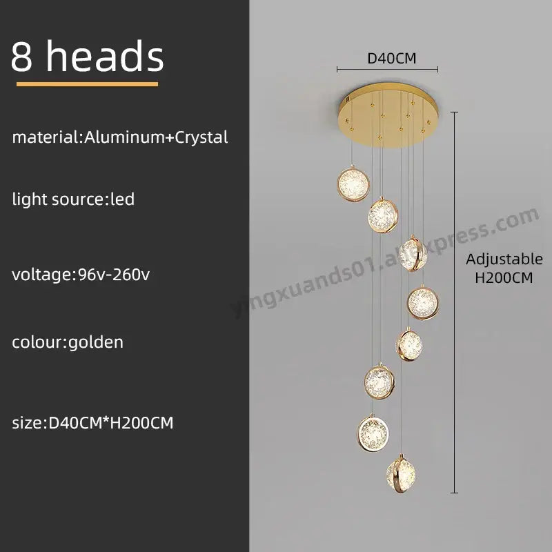 Luxury golden decorbites crystal ball led rotating stair chandelier with eight crystal-encrusted circular light heads suspended from aluminum mount