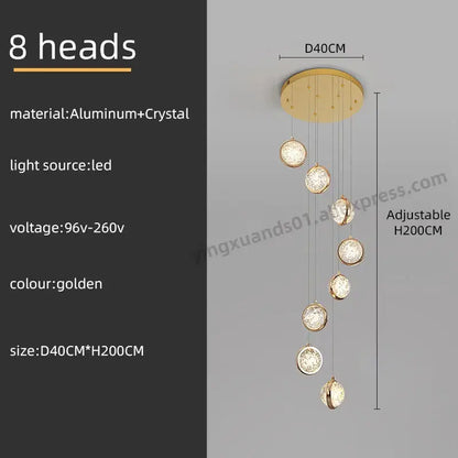 Luxury golden decorbites crystal ball led rotating stair chandelier with eight crystal-encrusted circular light heads suspended from aluminum mount