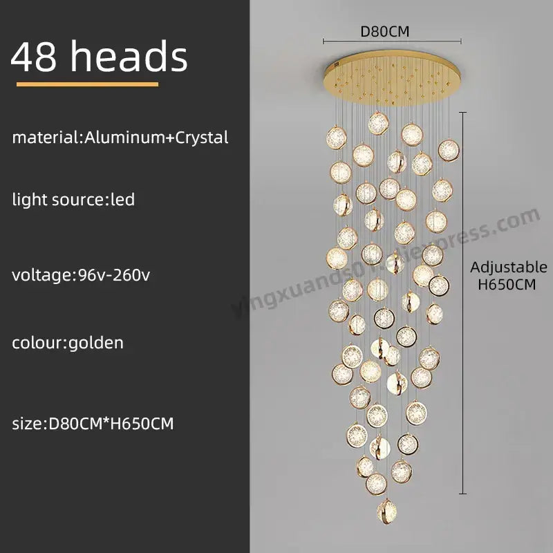 Luxury golden decorbites crystal ball led rotating stair chandelier with 48 crystal heads suspended from aluminum base