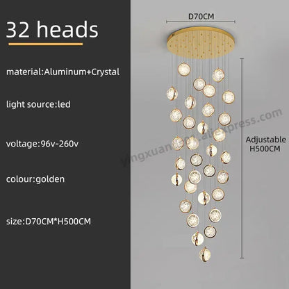 Luxury golden decorbites crystal ball led rotating stair chandelier with 32 crystal heads on an aluminum base