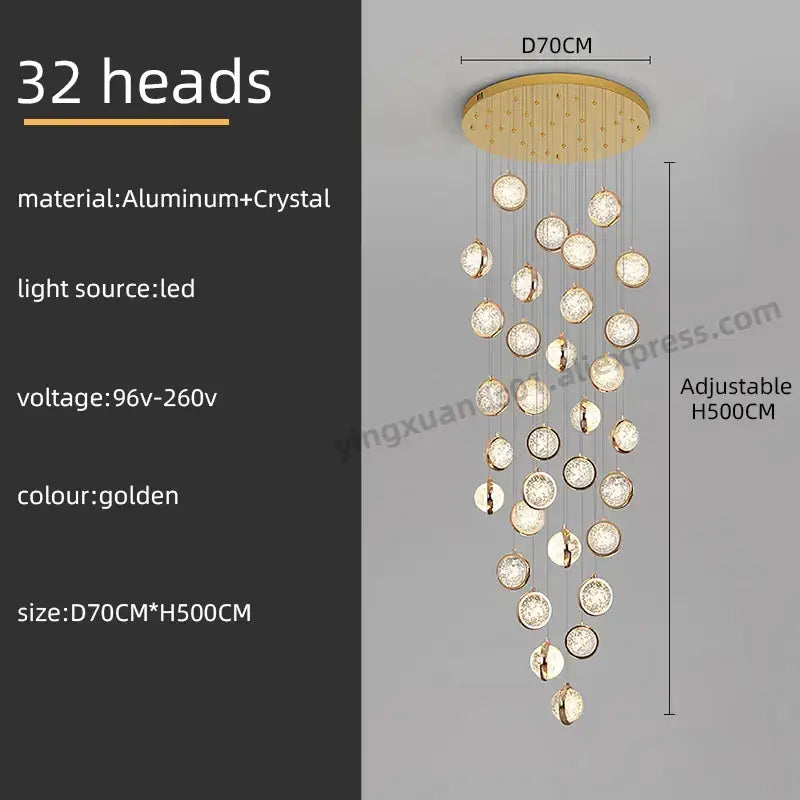 Luxury golden decorbites crystal ball led rotating stair chandelier with 32 crystal heads on an aluminum base