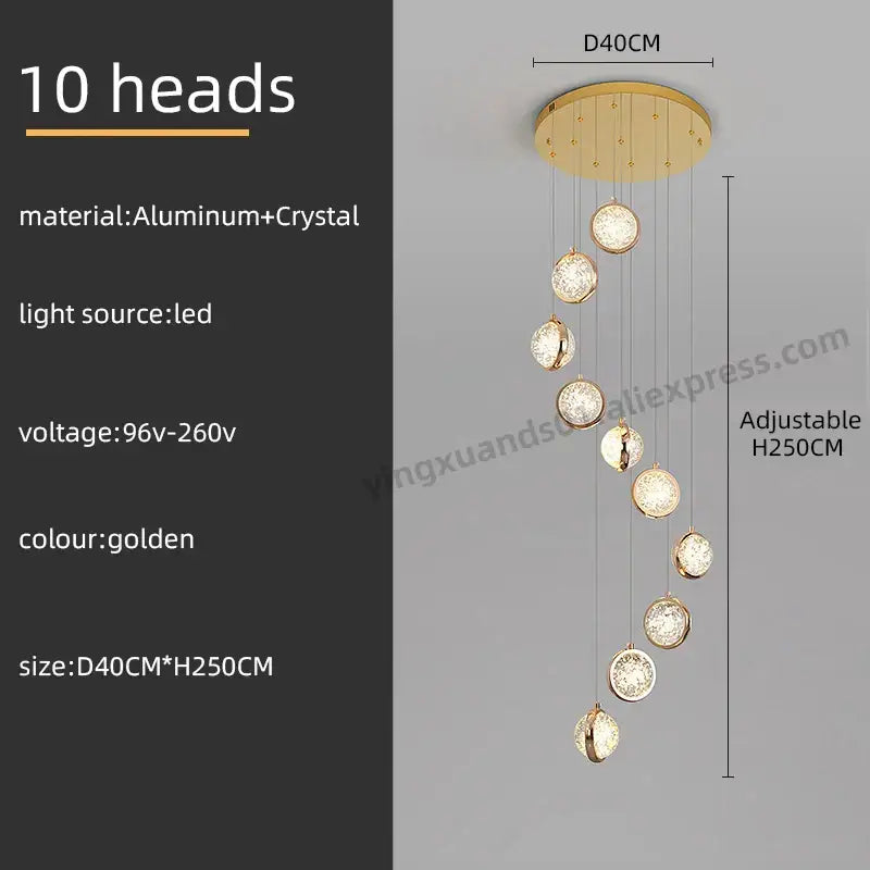 Luxury golden decorbites crystal ball led rotating stair chandelier with ten crystal-encrusted spherical lights and aluminum mount