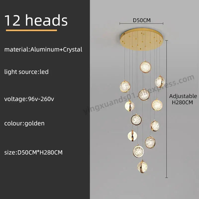 Luxury golden decorbites crystal ball led rotating stair chandelier with 12 crystal-encrusted spherical lights and aluminum mount