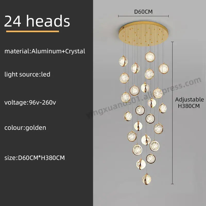 Luxury golden decorbites crystal ball led rotating stair chandelier with 24 crystal heads on aluminum circular base