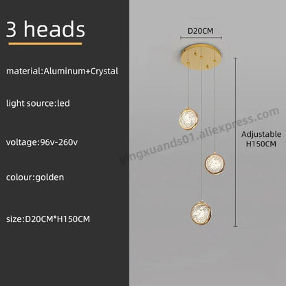Golden three-head pendant light with aluminum and crystal fixtures for luxury rotating stair decorbites crystal ball led chandelier
