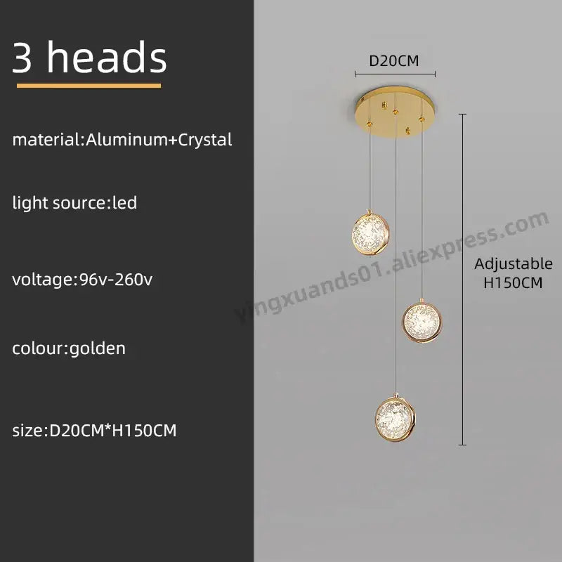 Golden three-head pendant light with aluminum and crystal fixtures for luxury rotating stair decorbites crystal ball led chandelier