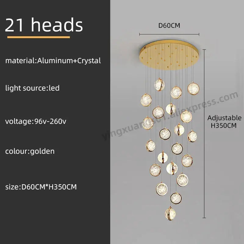 Luxury golden decorbites crystal ball led rotating stair chandelier with 21 crystal heads on aluminum base