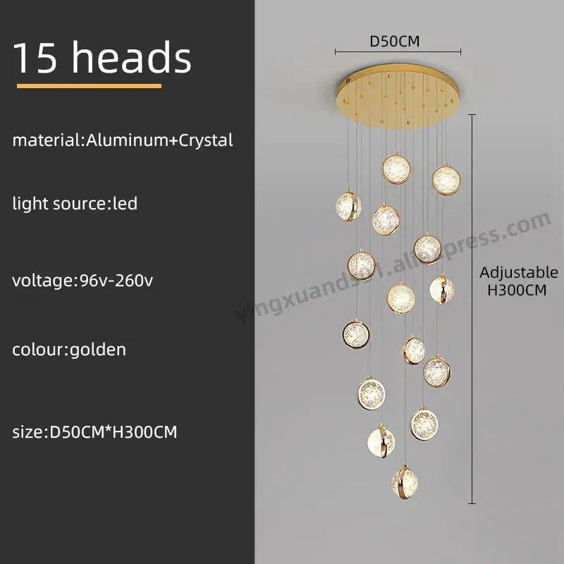 Luxury golden decorbites crystal ball led rotating stair chandelier with 15 crystal-encrusted led light heads on aluminum base
