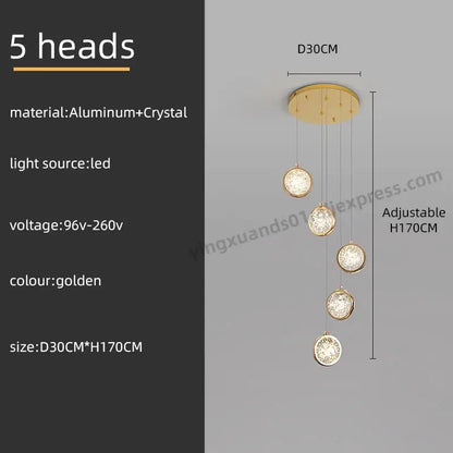 Golden five-head pendant light with aluminum and crystal components in rotating stair decorbites crystal ball led chandelier