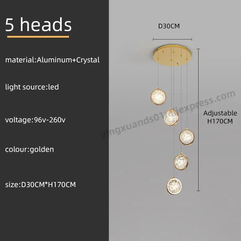 Golden five-head pendant light with aluminum and crystal components in rotating stair decorbites crystal ball led chandelier