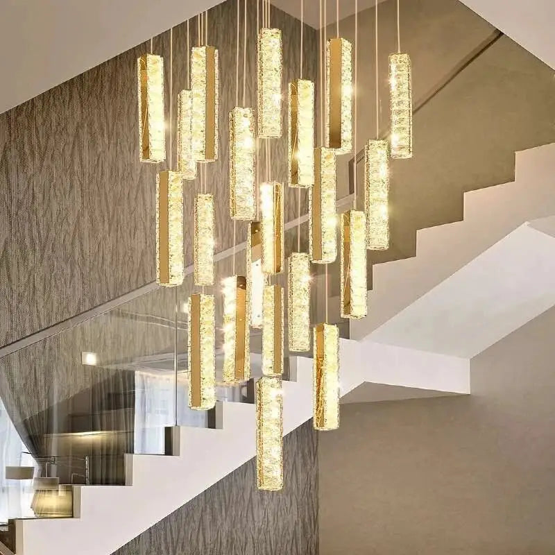 Luxury golden decorbites crystal led chandelier with cascading cylindrical pendants for elegant living room decor