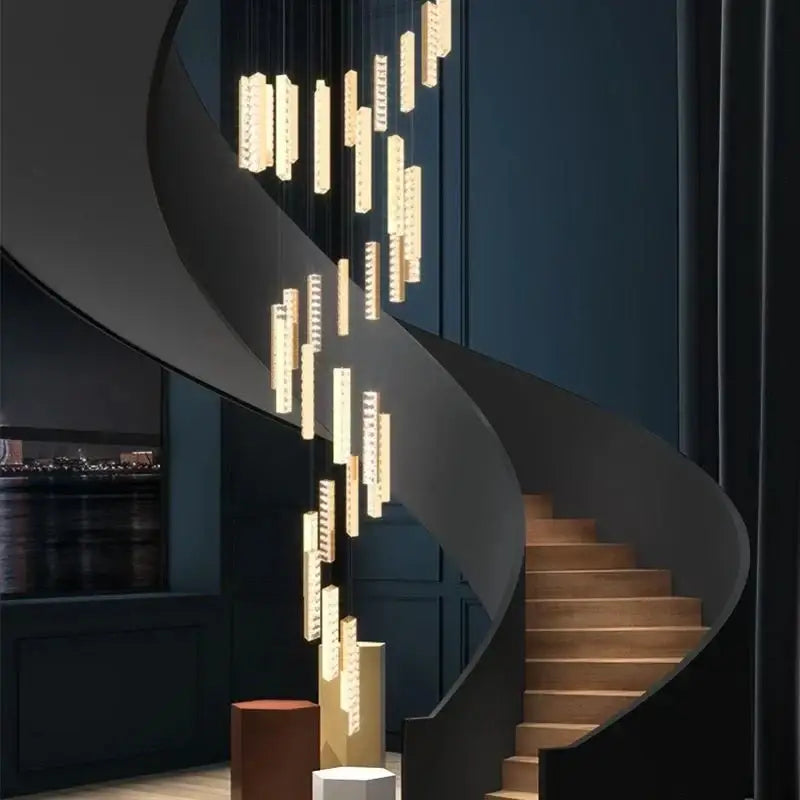 Luxury golden decorbites crystal led chandelier featuring a rectangular pendant with cascading crystal led accents